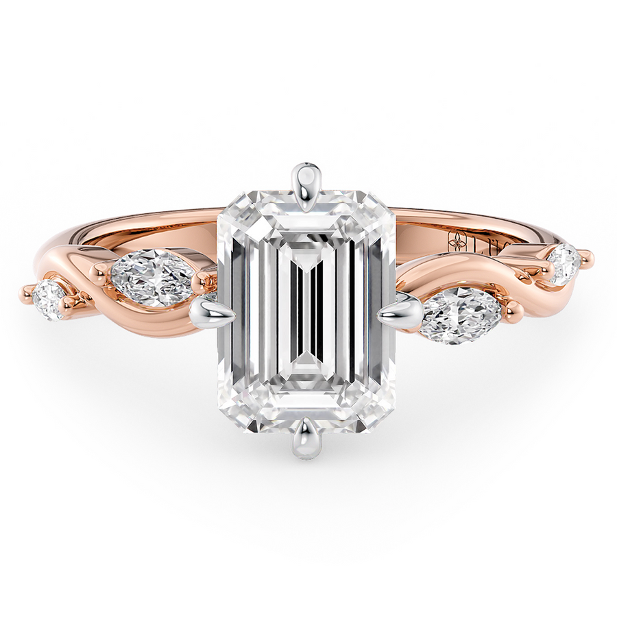 Load image into Gallery viewer, LUCCE Emerald Diamond Ring with Marquise Accents in Intertwining Vines and Petal Prongs Mid Setting Engagement Ring in Gold or Platinum 
