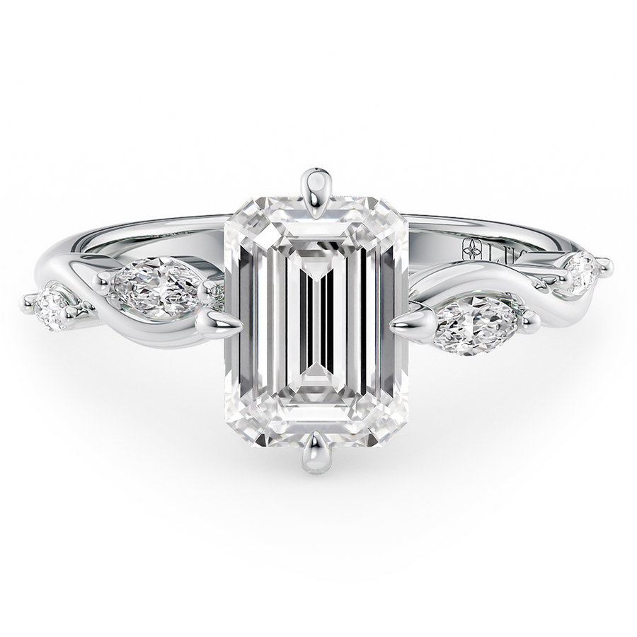 Load image into Gallery viewer, LUCCE Emerald Diamond Ring with Marquise Accents in Intertwining Vines and Petal Prongs Mid Setting Engagement Ring in Gold or Platinum 
