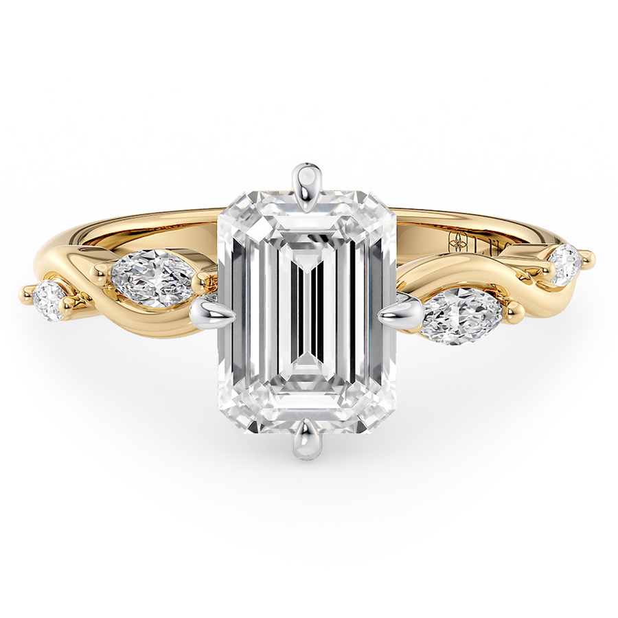 Load image into Gallery viewer, LUCCE Emerald Diamond Ring with Marquise Accents in Intertwining Vines and Petal Prongs Mid Setting Engagement Ring in Gold or Platinum 

