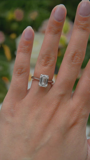 LUCCE Knife Edge Cathedral Emerald Diamond Solitaire Engagement Ring with Overlapping Petal Prongs in Gold or Platinum