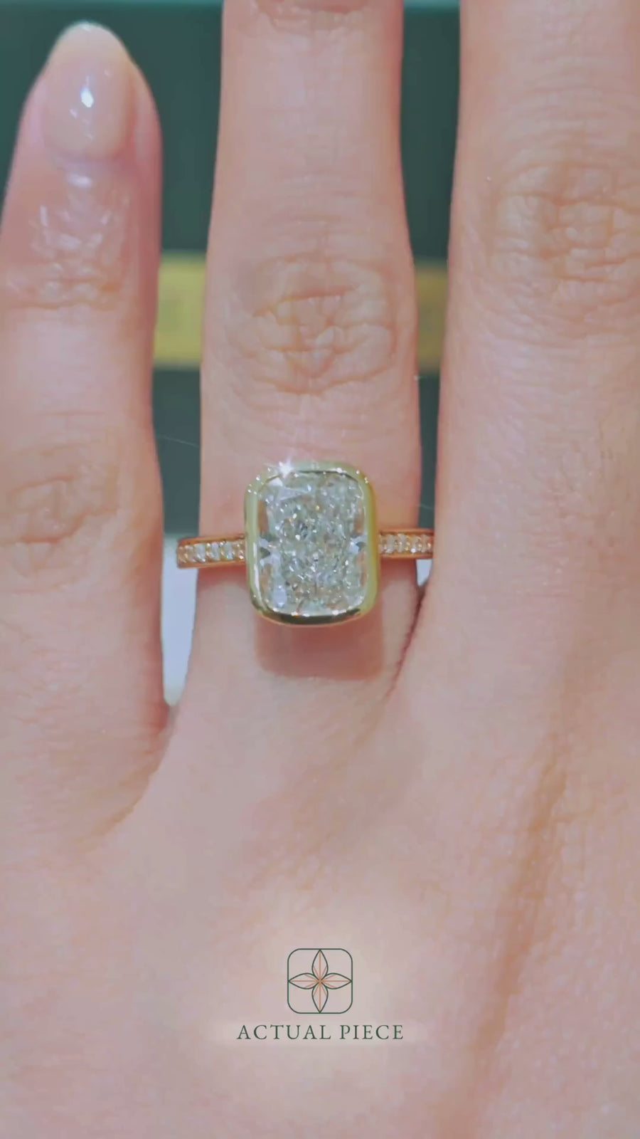 Load and play video in Gallery viewer, LUCCE Pavé Cathedral Cushion Diamond in Bezel Setting with Hidden Petal Engagement Ring in Gold or Platinum
