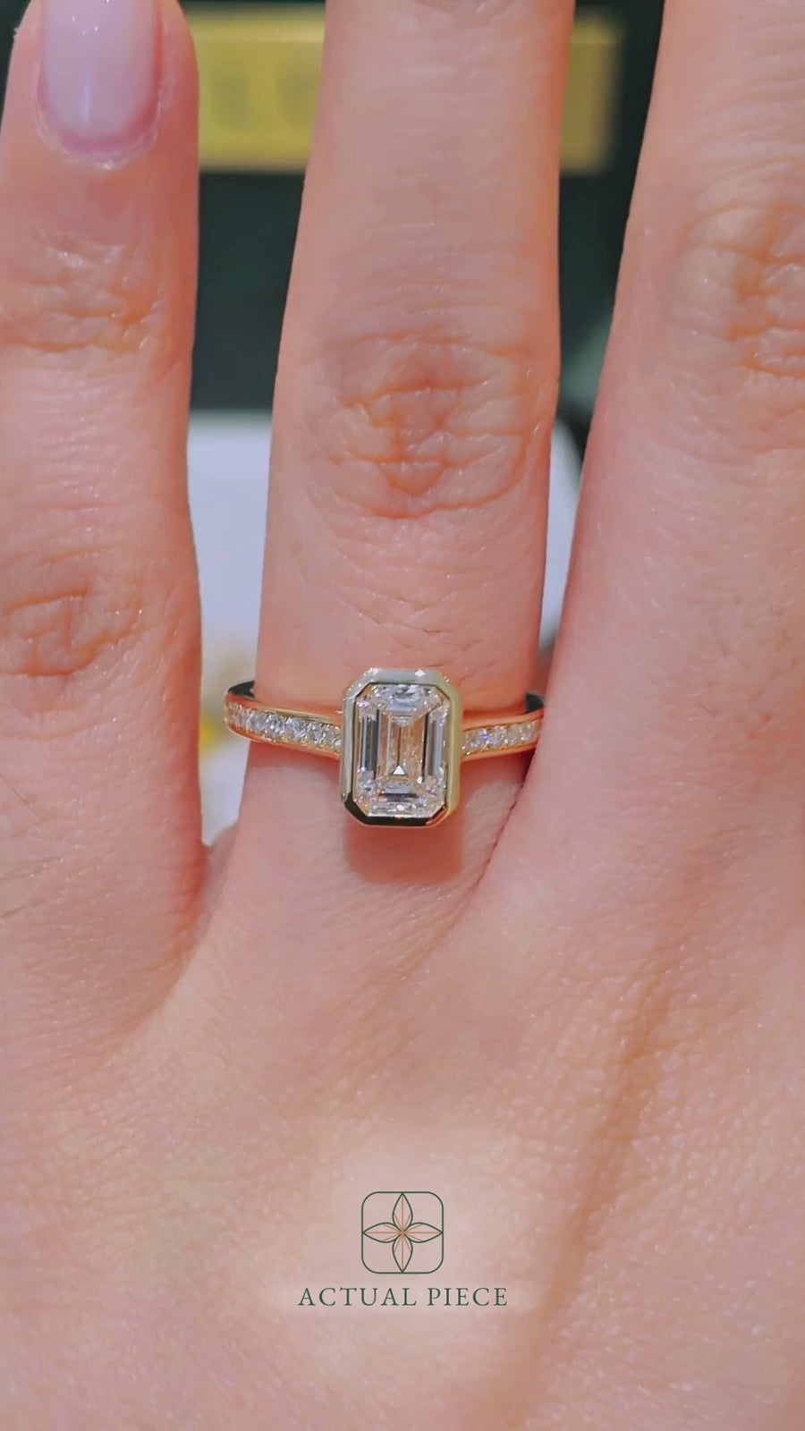 Load and play video in Gallery viewer, LUCCE Pavé Cathedral Emerald Diamond in Bezel Setting with Hidden Petal Engagement Ring in Gold or Platinum
