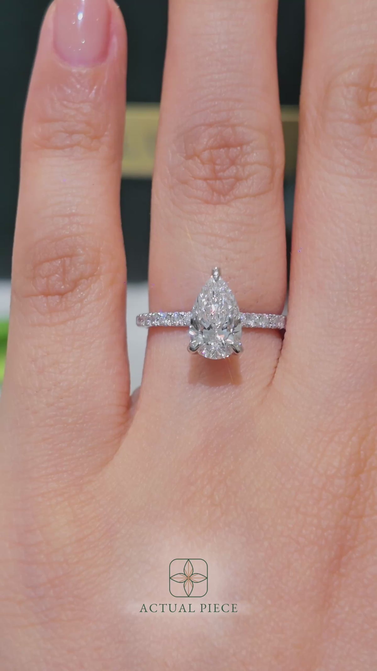 Load and play video in Gallery viewer, LUCCE Pavé Pear Diamond Engagement Ring with Hidden Halo and Petal Prongs in Gold or Platinum
