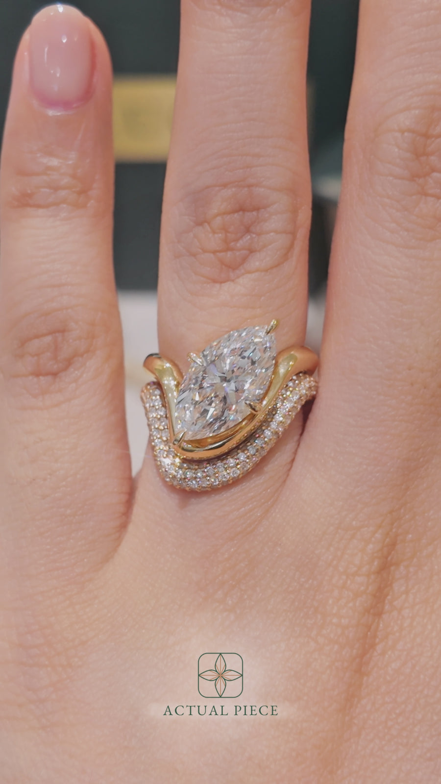 Load and play video in Gallery viewer, LUCCE Marquise Diamond Flowing Knife Edge Solitaire in Low Setting Engagement Statement Ring in Gold or Platinum 
