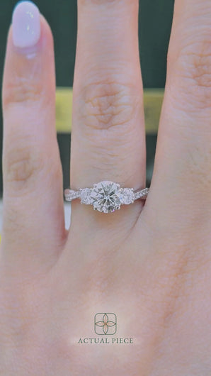 LUCCE Twisting Pavé Round Trilogy Diamond Engagement Ring with Petal Prongs in Gold or Platinum