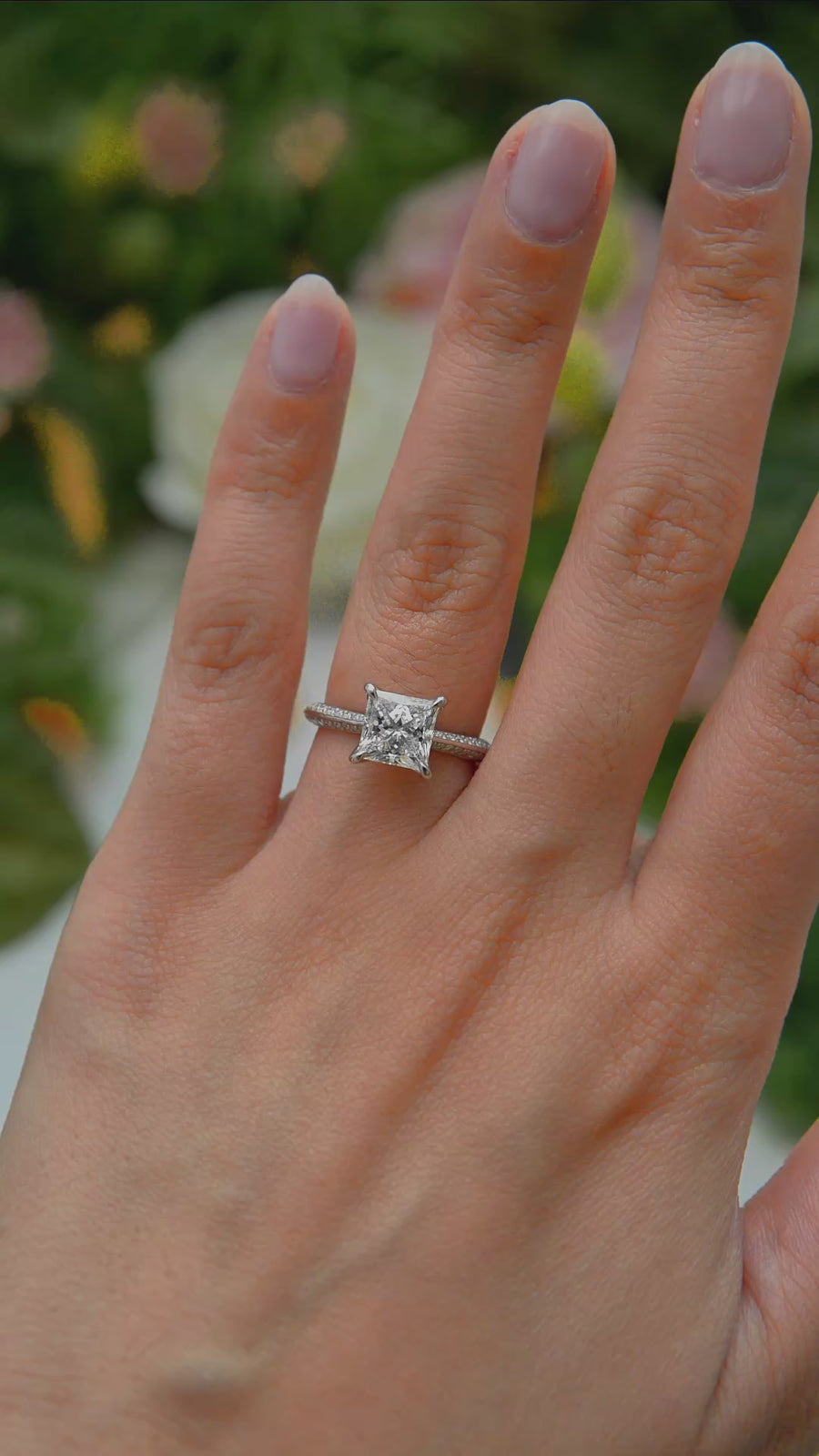 Load and play video in Gallery viewer, LUCCE Knife Edge Cathedral Princess Diamond Pavé Engagement Ring with Overlapping Petal Prongs in Gold or Platinum
