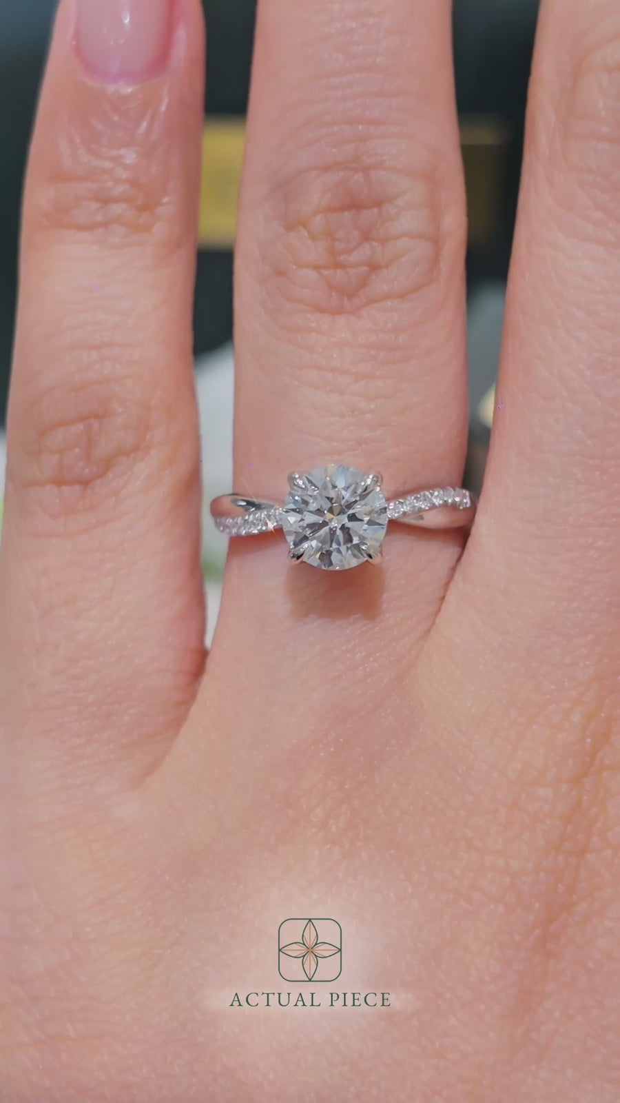 Load and play video in Gallery viewer, LUCCE Twisting Pavé Round Diamond Engagement Ring with Petal Prongs in Gold or Platinum
