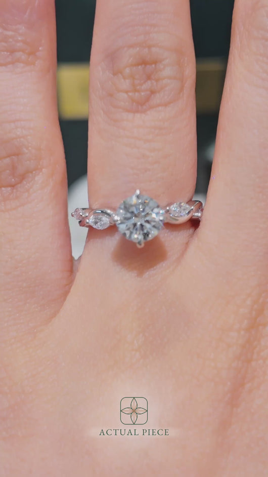 LUCCE Round Diamond Ring with Marquise Accents in Intertwining Vines and Petal Prongs Mid Setting Engagement Ring in Gold or Platinum 