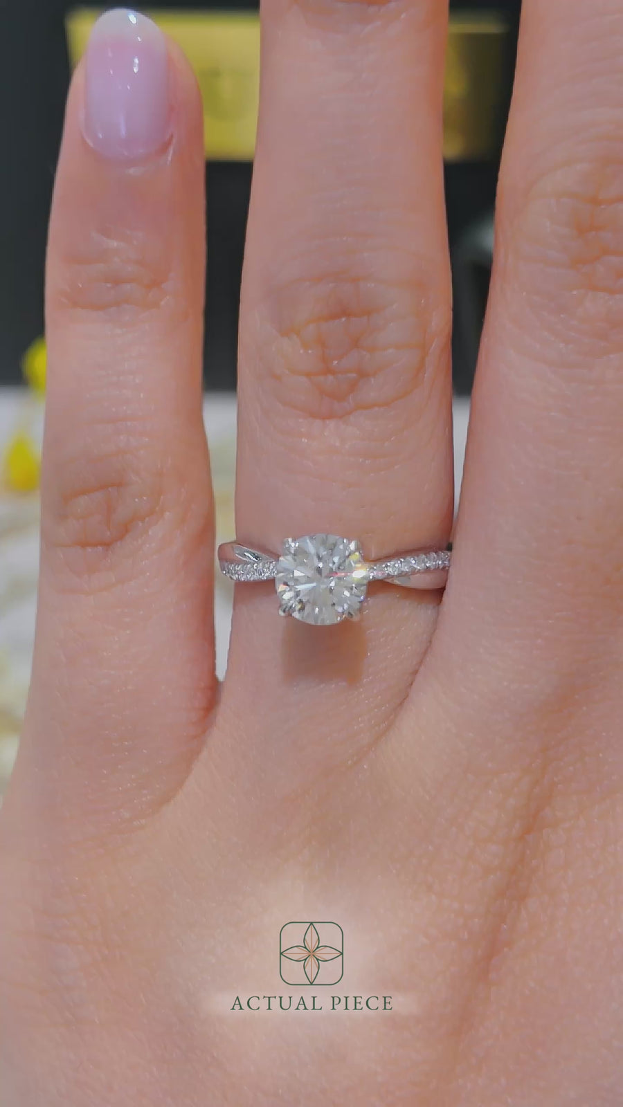 Load and play video in Gallery viewer, LUCCE Twisting Pavé Round Diamond Engagement Ring with Petal Prongs in Gold or Platinum
