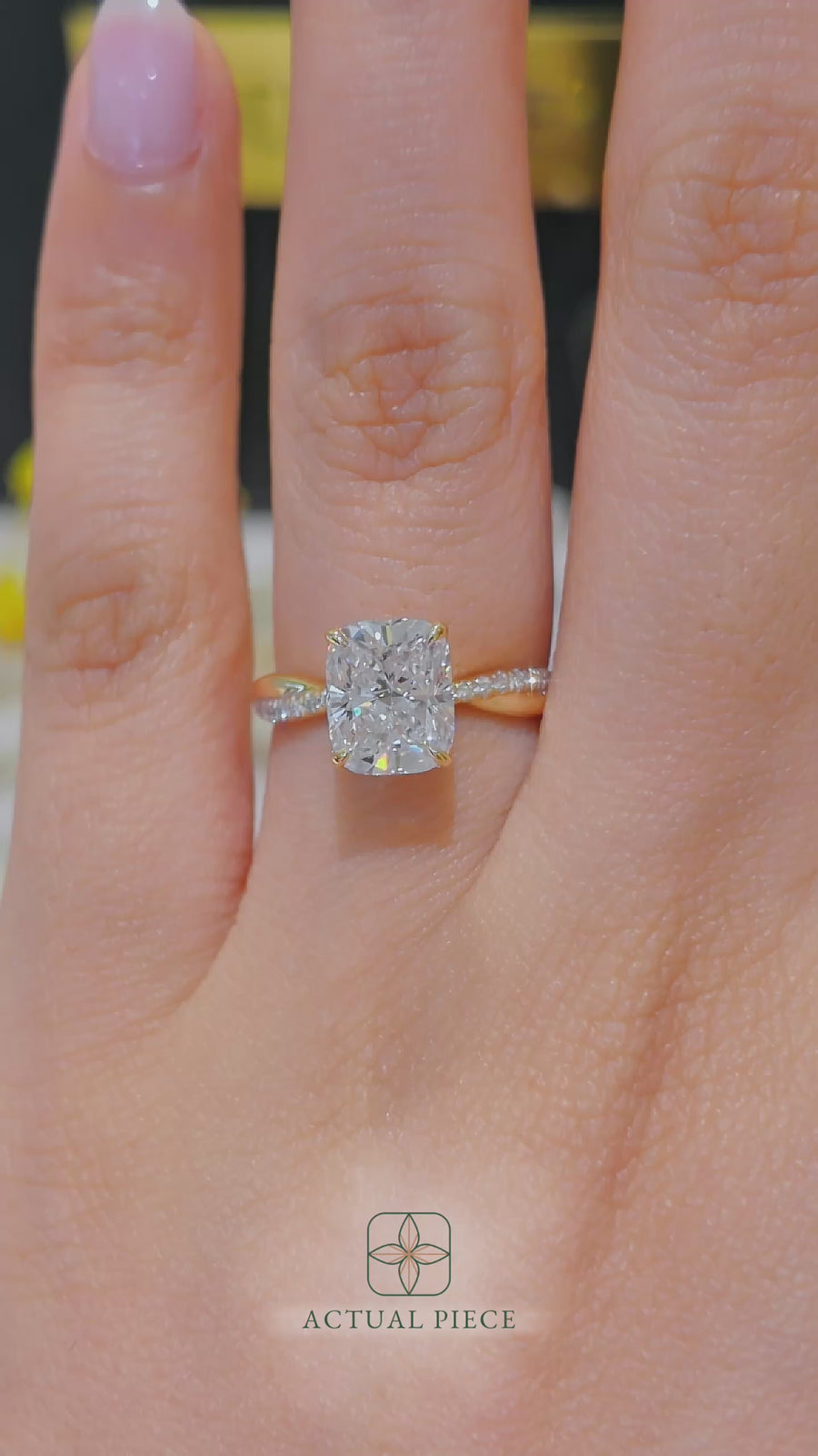 Load and play video in Gallery viewer, LUCCE Twisting Cushion Pavé Diamond Engagement Ring with Petal Prongs in Gold or Platinum
