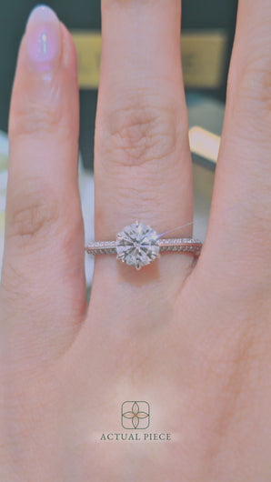 LUCCE Knife Edge Cathedral Round Diamond Pavé Engagement Ring with Overlapping Petal Prongs in Gold or Platinum