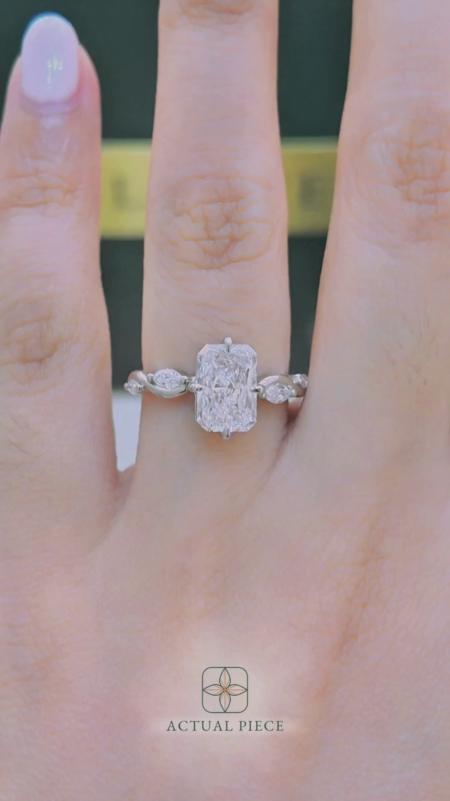 Load and play video in Gallery viewer, LUCCE Radiant Diamond Engagement Ring on Low Setting with marquise accents in Gold or Platinum

