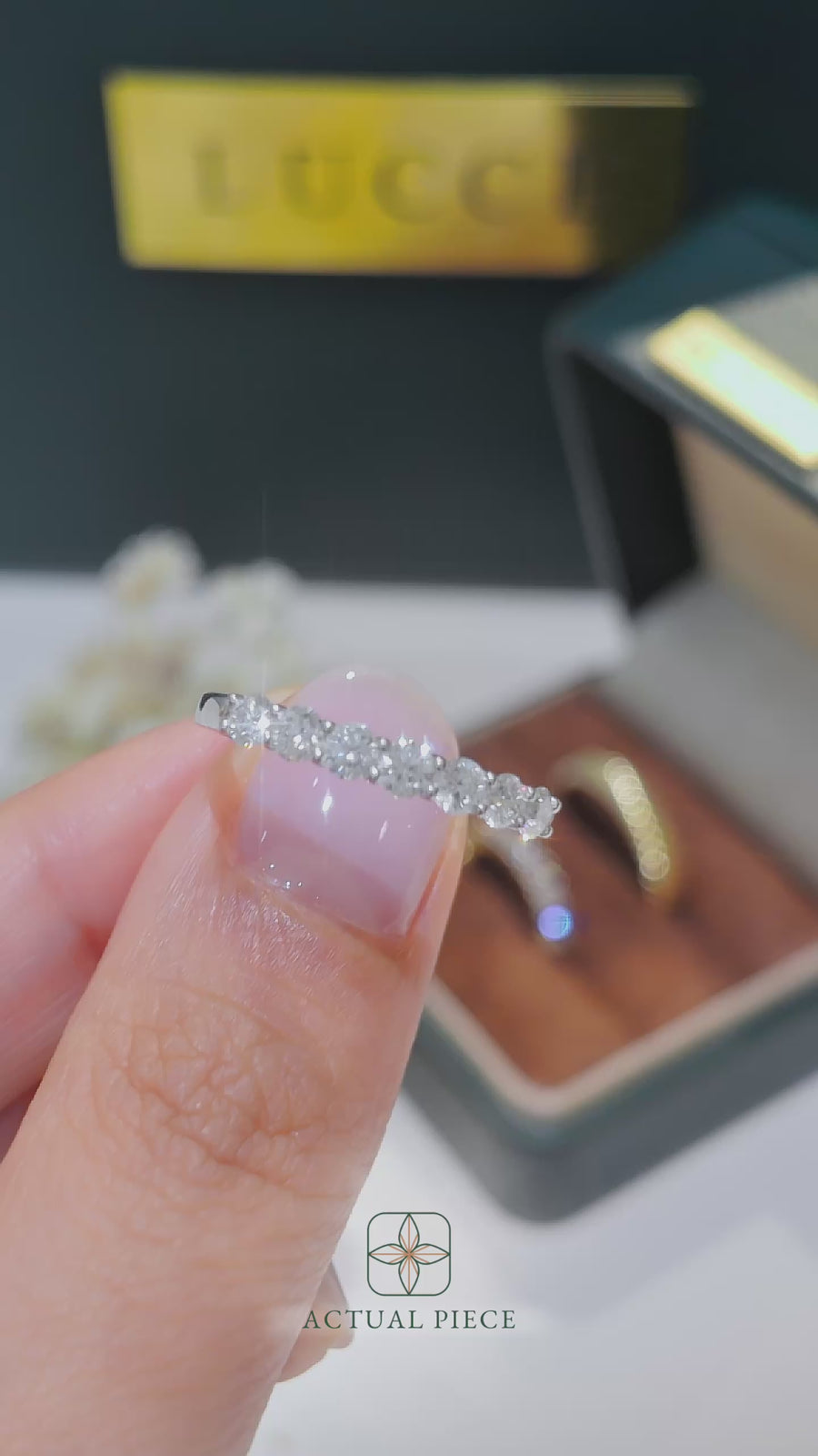 Load and play video in Gallery viewer, LUCCE Half Eternity Trellis 7-Stone Round Diamond Wedding Ring in Gold or Platinum
