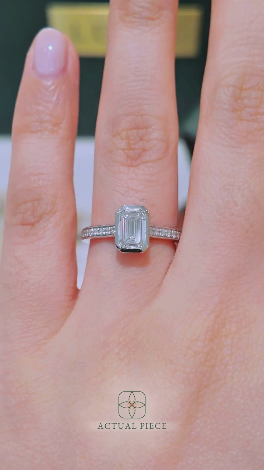 Load and play video in Gallery viewer, LUCCE Pavé Cathedral Emerald Diamond in Bezel Setting with Hidden Petal Engagement Ring in Gold or Platinum

