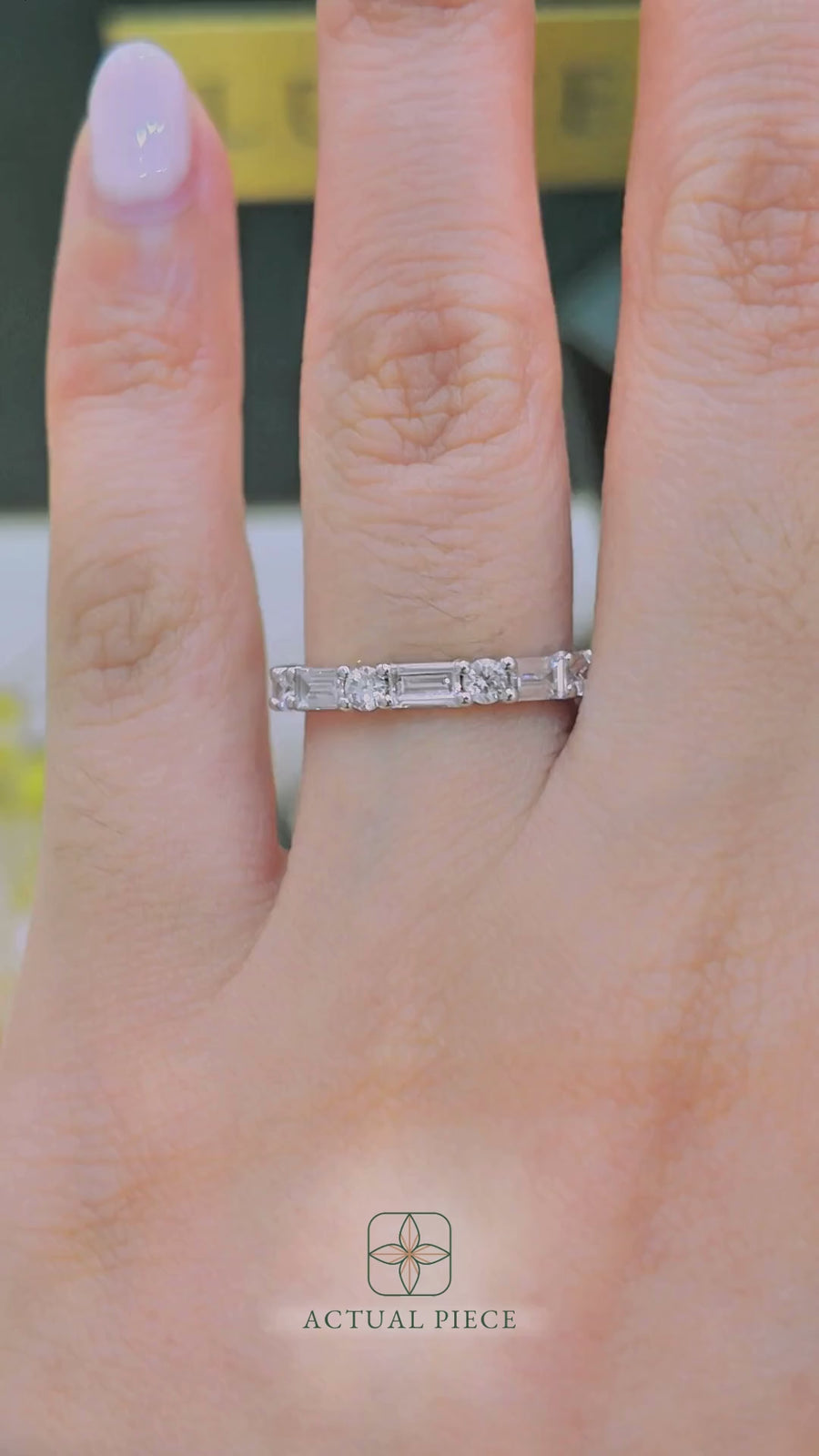 Load and play video in Gallery viewer, LUCCE Half Eternity Alternating Baguette and Round Diamond Female Wedding Ring in Gold or Platinum
