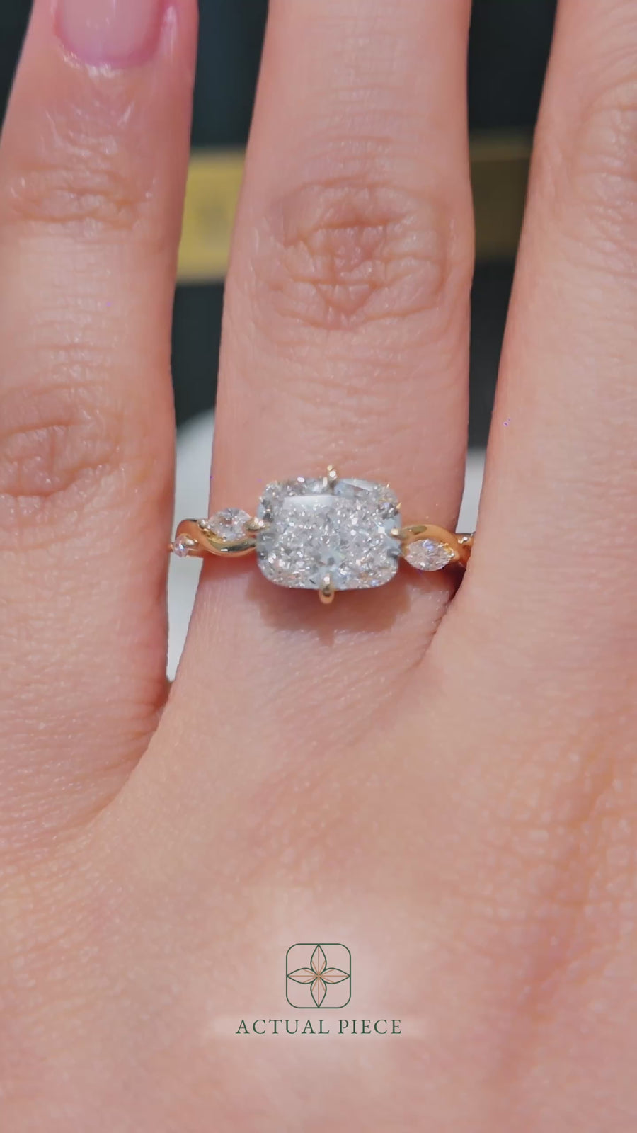 Load and play video in Gallery viewer, LUCCE Cushion Diamond Engagement Ring on East-West Low Setting with marquise accents in Gold or Platinum
