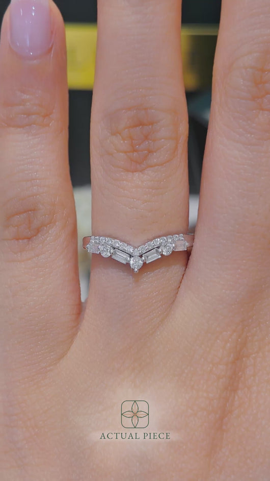 Half Eternity Chevron Pavé and Alternating Round and Baguette Round Diamond Wedding Ring in Gold or Platinum