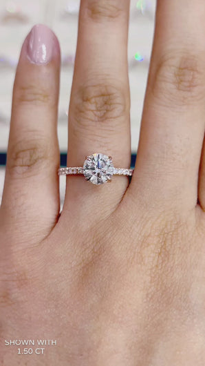 Best Lab Diamond Engagement with petal prongs and pave band