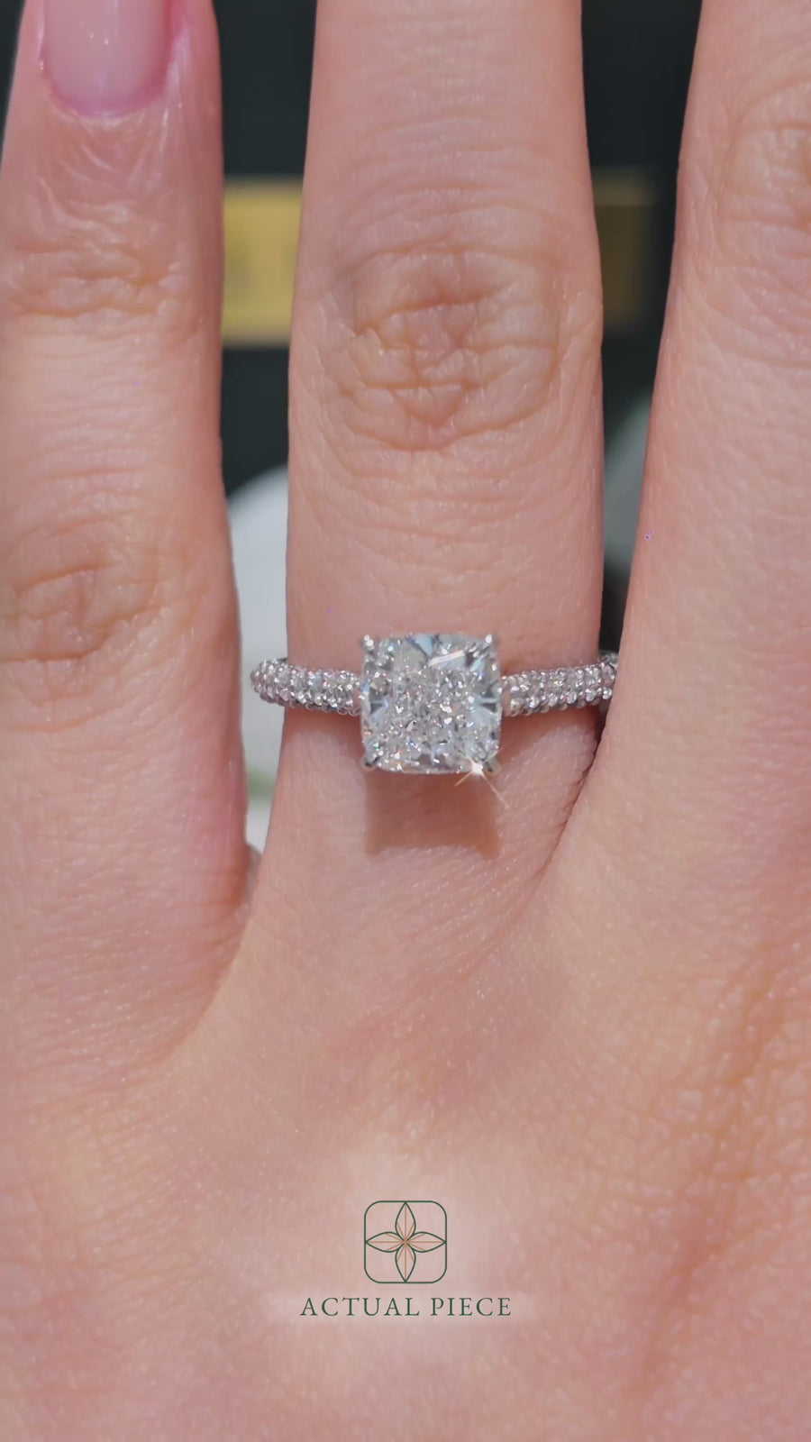 Load and play video in Gallery viewer, LUCCE Cathedral Cushion Diamond Tri-row Pavé Engagement Ring with Petal Prongs and Hidden Accent Stones in Gold or Platinum
