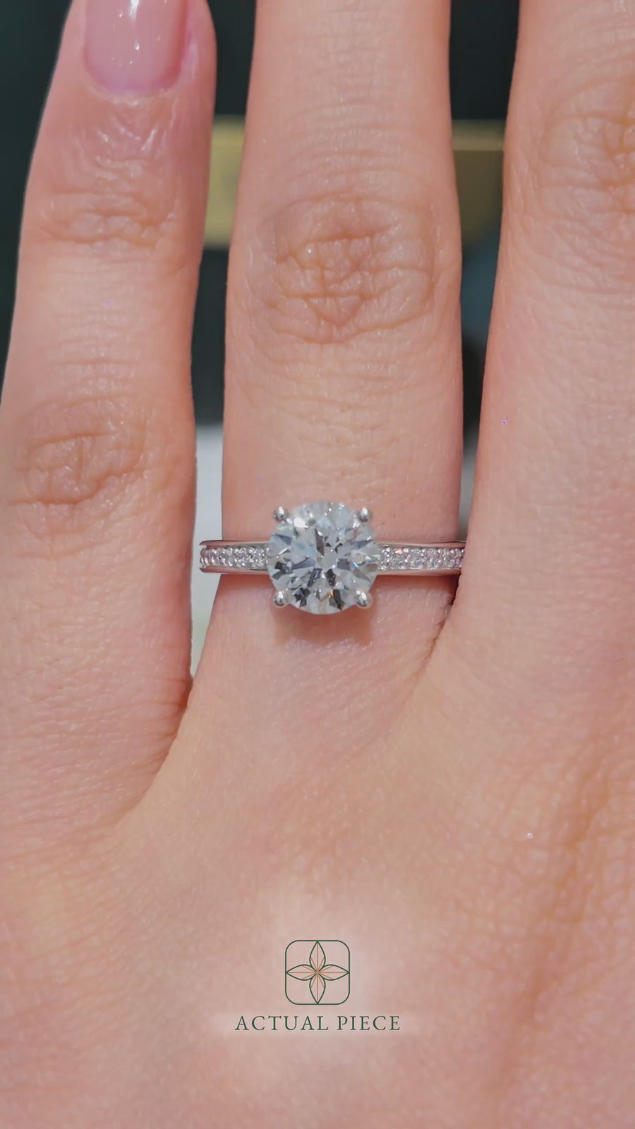Load and play video in Gallery viewer, LUCCE Low setting with Bead Bright Channel Pavé Diamond and Gemstone Engagement Ring with Round Center Stone in Gold or Platinum
