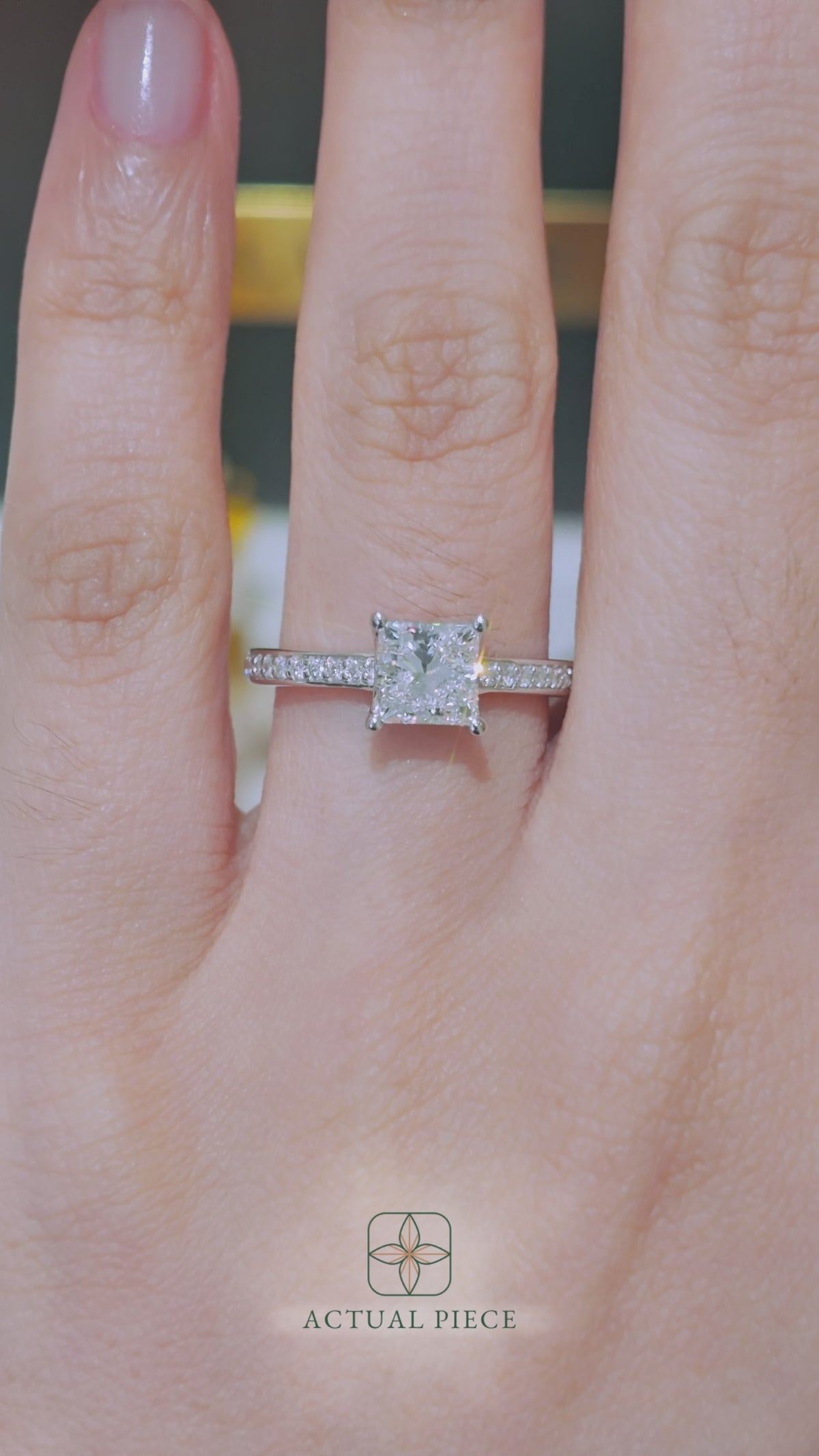 Load and play video in Gallery viewer, LUCCE Low setting with Bead Bright Channel Pavé Diamond and Gemstone Engagement Ring with Princess Center Stone in Gold or Platinum
