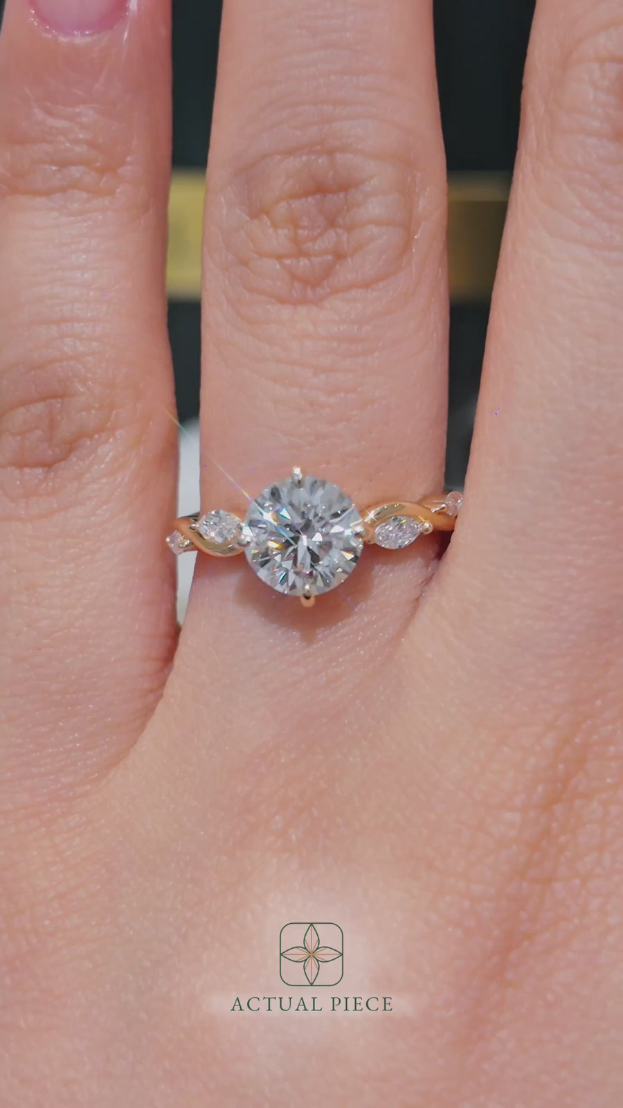 Load and play video in Gallery viewer, LUCCE Round Engagement Ring Low Setting with Lab or Natural Diamond and marquise accents in Gold or Platinum
