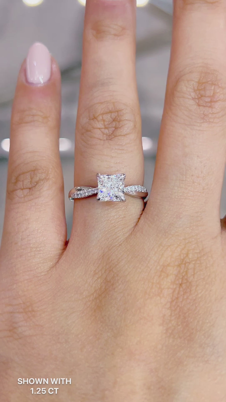Load and play video in Gallery viewer, LUCCE Twisting Princess Pavé Diamond Engagement Ring with Petal Prongs in Gold or Platinum
