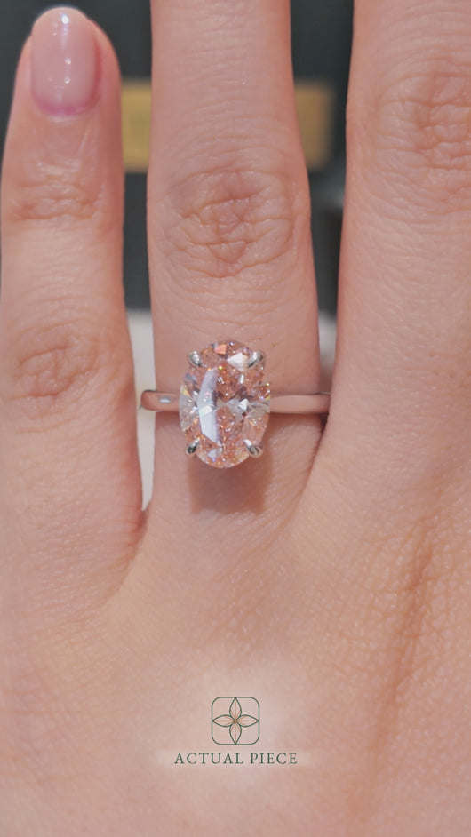 LUCCE Cathedral Oval Pink Diamond Solitaire Engagement Ring with Petal Prongs and Hidden Accent Stones in Gold or Platinum