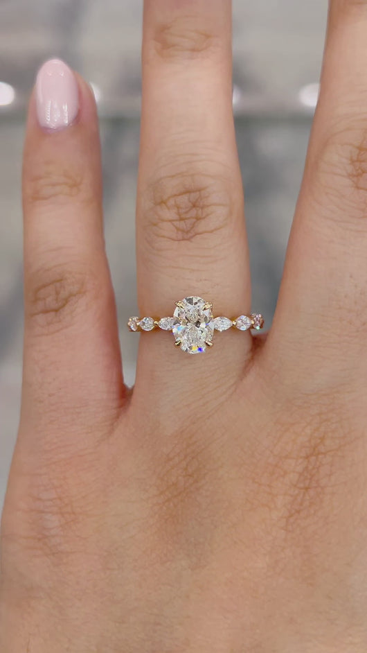 Oval Diamond Engagement Ring with Marquise and Round Accent Band with Petal Prong in Gold or Platinum, Manila Philippines