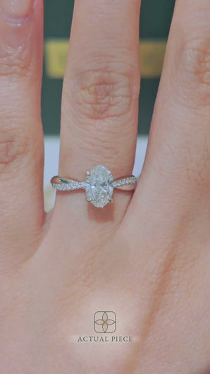 LUCCE Twisting Pavé Oval  Diamond Engagement Ring with Petal Prongs in Gold or Platinum