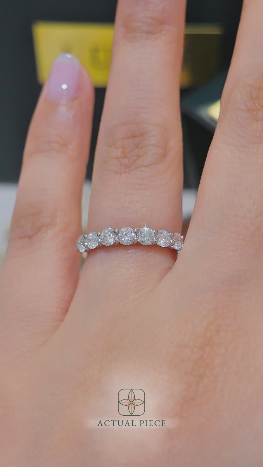 Load and play video in Gallery viewer, LUCCE Half Eternity Trellis 7-Stone Round Diamond Wedding Ring in Gold or Platinum
