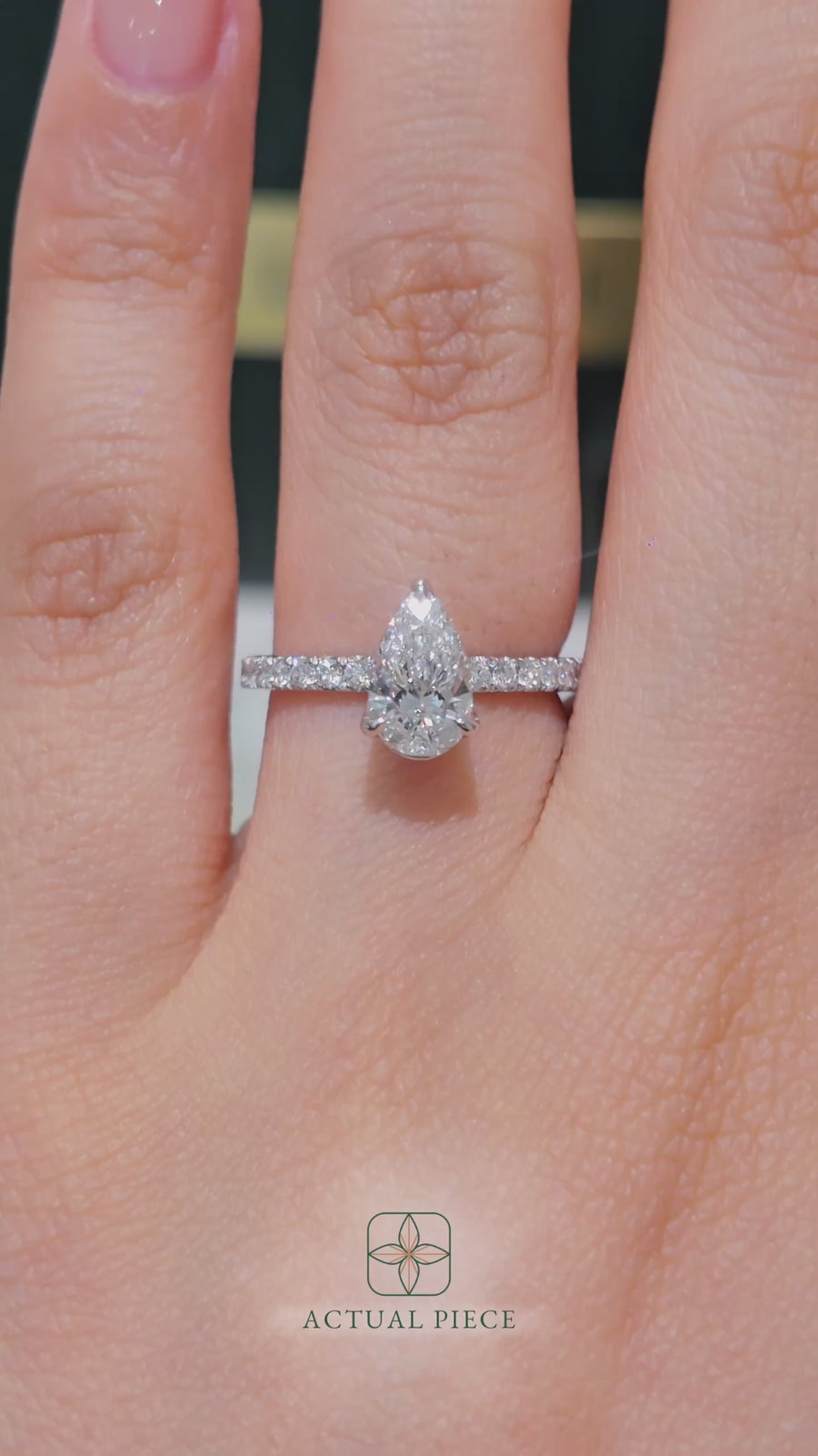 Load and play video in Gallery viewer, LUCCE Pavé Pear Diamond Engagement Ring with Hidden Halo and Petal Prongs in Gold or Platinum
