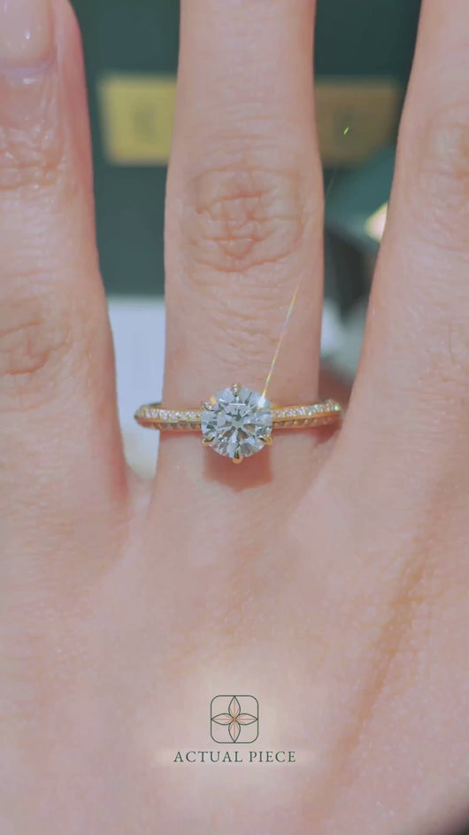 LUCCE Knife Edge Cathedral Round Diamond Pavé Engagement Ring with Overlapping Petal Prongs in Gold or Platinum