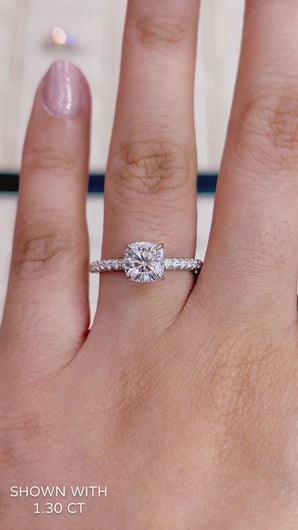 Cushion Moissanite Engagement Ring tri row band with hidden halo in gold