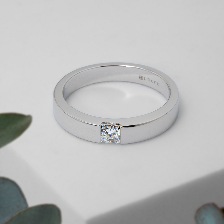 Load image into Gallery viewer, LUCCE Single Stone Princess Diamond Classic Unisex Wedding Band with Brushed or Polished Finish in Gold or Platinum
