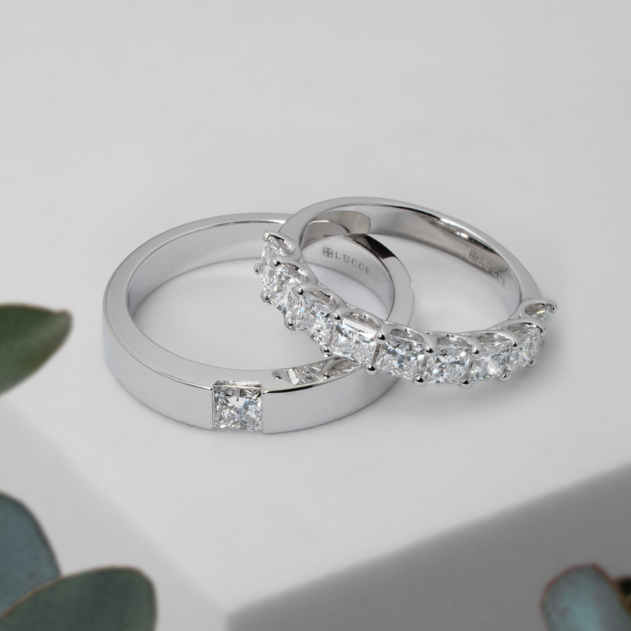 Load image into Gallery viewer, LUCCE Single Stone Princess Diamond Classic Unisex Wedding Band and Trellis 9 Stone Princess Diamond Band in Platinum

