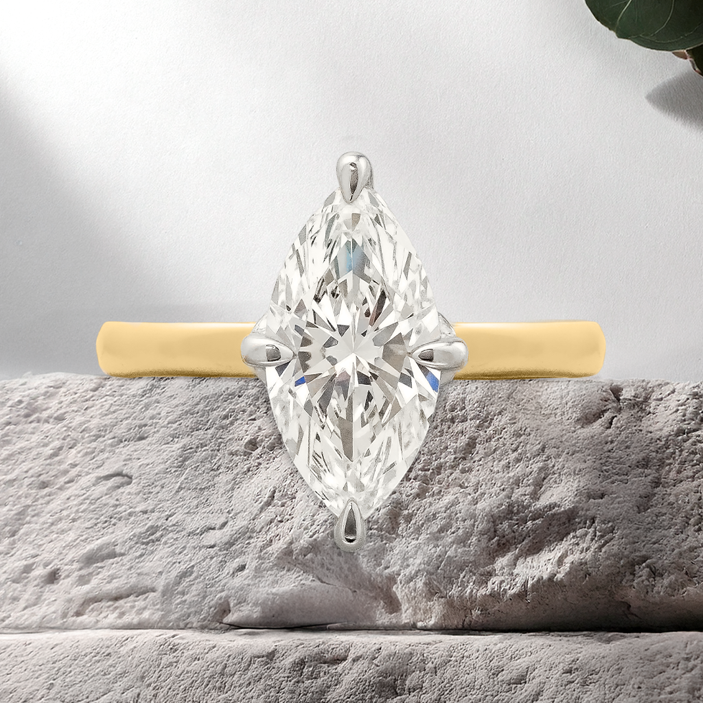 Lucce Constance Solitaire Marquise 1.50CT Lab Diamond E VVS2 EX IGI 18K Yellow Gold and Platinum Prongs